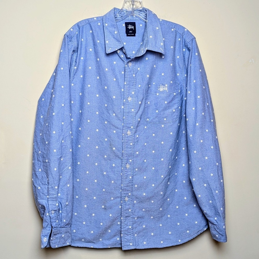 Stussy‎ Oxford All Over Star Print Button Up Shirt Large VTG